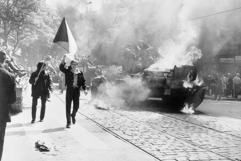 Photograph of the Prague Spring protests against Soviet soldiers in tanks